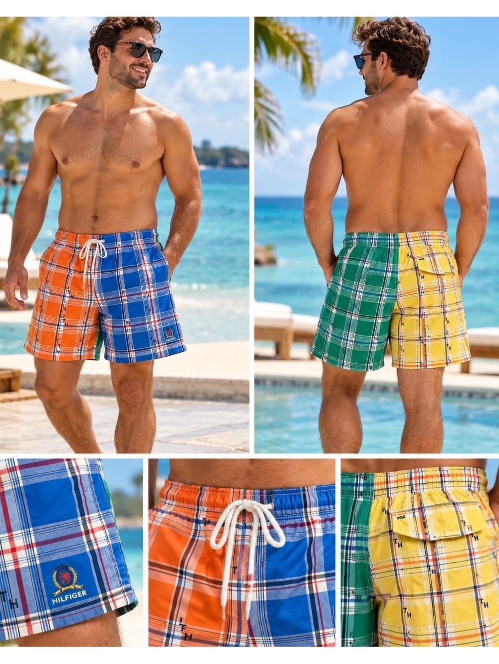 Tommy Hilfiger Men's L Colorblock Plaid Swim Trunks Shorts Y2K Vintage 2001